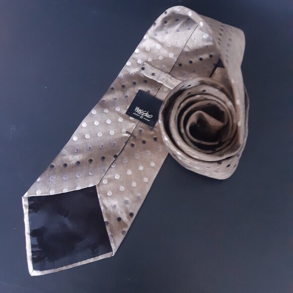 Y2K Vintage Massimo Silk Tie Taupe with Grey & White Diagonal Polka Dots - Picture 4 of 8